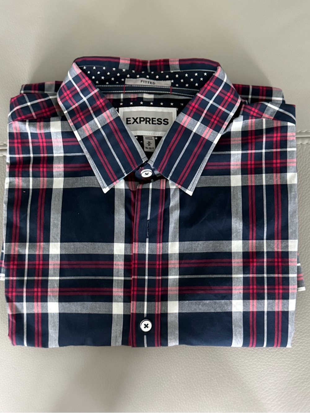 Express Men’s Navy, Red & White Plaid Button-Down Shirt